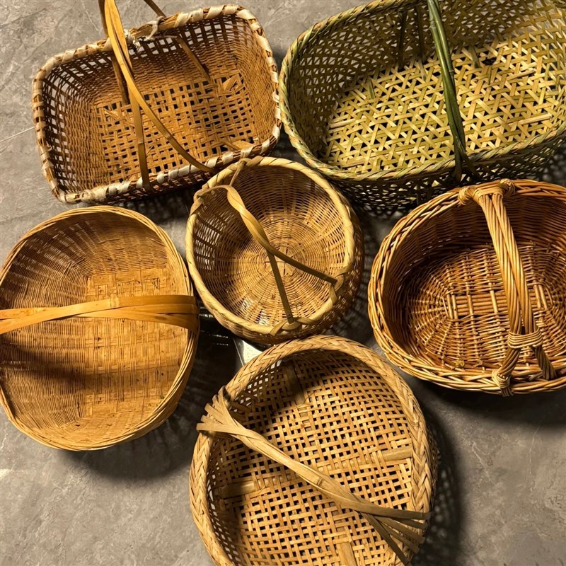 饭店竹编复古手提篮子精编装菜食材展示提篮烟熏色明档精致小竹筐
