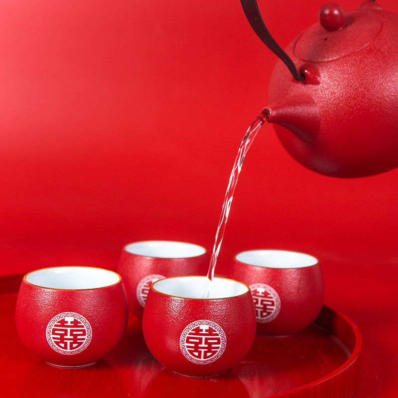 结婚茶具套装陶瓷红色敬茶杯婚庆送礼大号敬茶壶改口茶杯整套礼物
