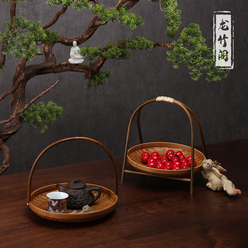 竹编复古提篮家用圆形收纳筐手工糕点盘茶道茶桌水果篮中式竹篮子