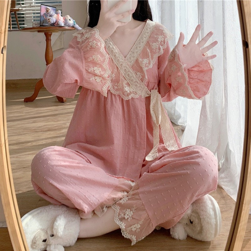 秋季大码女装胖妹妹mm外穿长袖睡衣套装宫廷风公主家居服两件套