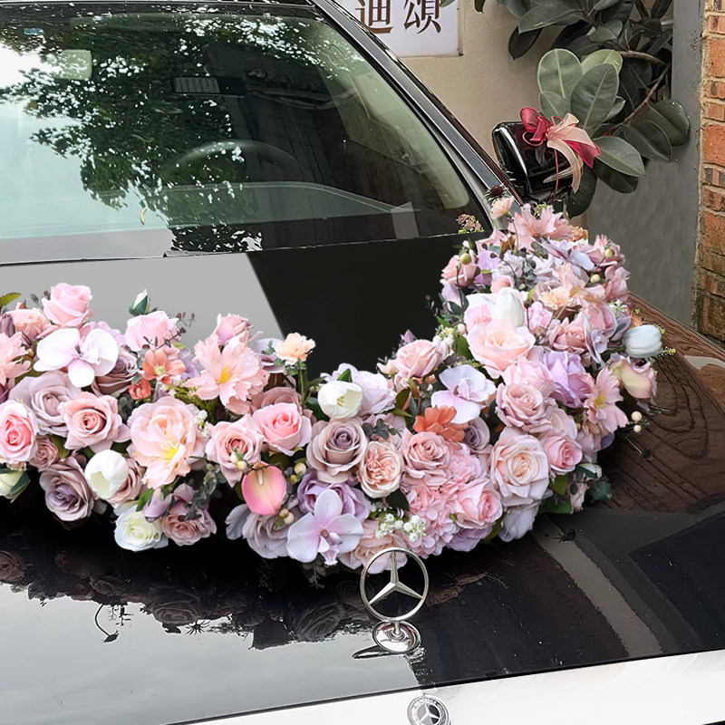 结婚车头大花主结婚礼车装饰花艺仿真假花车展摆花後照镜绑花吸盘