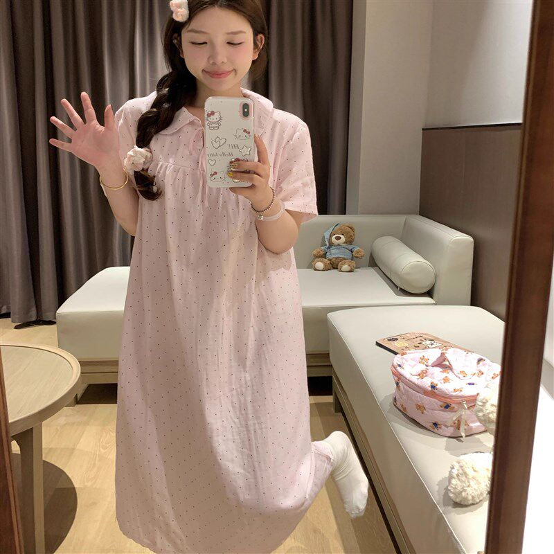 大码波点棉纱睡衣夏季少女款短袖宽松睡裙2025新款家居连衣裙夏天