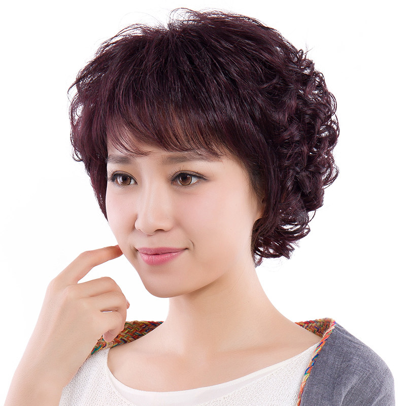 短发女短卷发妈妈假发中老年女士发型真发套真人发丝全头套斜刘海