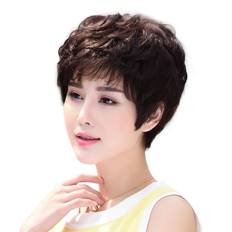 假发真发全真人发女士短卷发时尚洋气整顶妈妈中老年真发全头套式