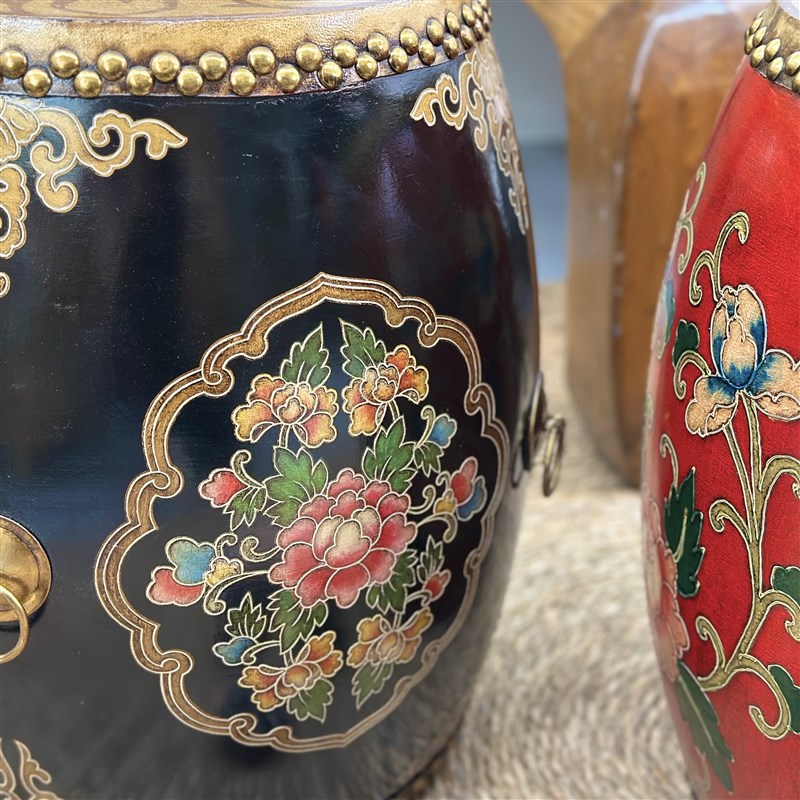 中式鼓凳鼓墩牛皮鼓实木彩绘餐凳仿古做旧圆凳餐凳茶桌凳古筝凳