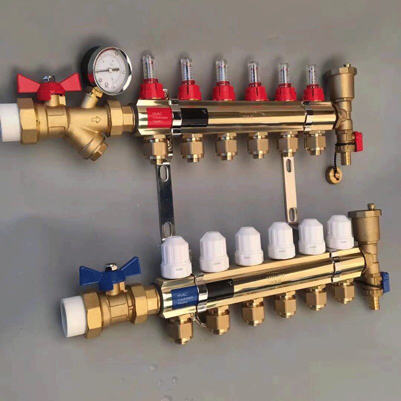 黄铜型材地暖分水器可视浮值流量计可调温控型新款家用集分水器