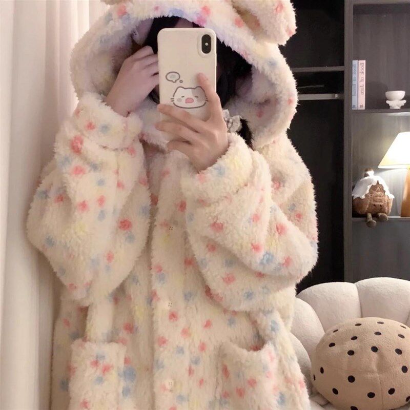 可爱少女珊瑚绒睡袍女冬季加绒加厚家居服套装秋冬天2024新款睡衣