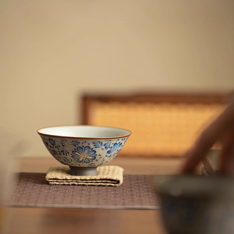 汝窑缠枝莲银线斗笠杯个人专用品茗杯陶瓷开片家用茶杯茶碗主人杯