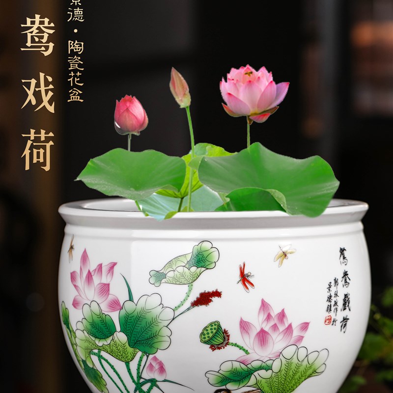 景德镇陶瓷器粉彩花盆大号水培碗莲睡莲铜钱草绿萝盆栽庭院金鱼缸