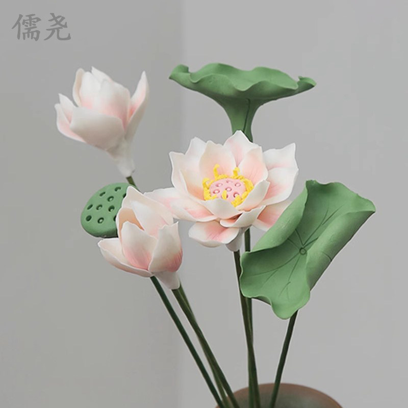 景德镇陶瓷荷花手工仿真花捏花花枝花艺创意莲花花插装饰品摆件