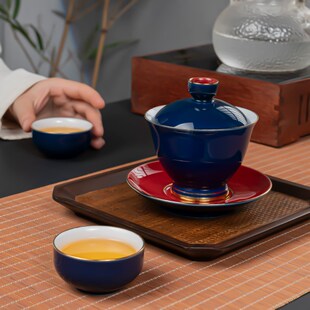 当朝一品陶瓷三才盖碗茶杯霁蓝功夫茶具介杯泡茶碗中式敬茶碗描金