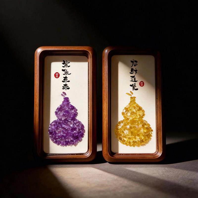 三径堂手工天然碎石黄水晶紫水晶葫芦摆件实木相框转运招财礼物