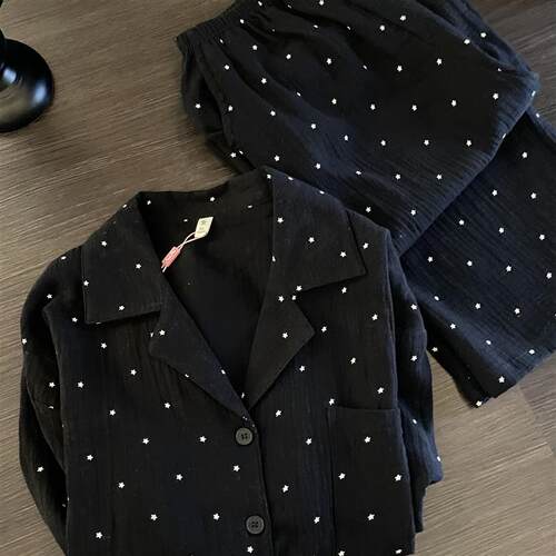 Sin Glee 简约风黑色星星印花棉纱睡衣女春秋新款大尺码家居服套