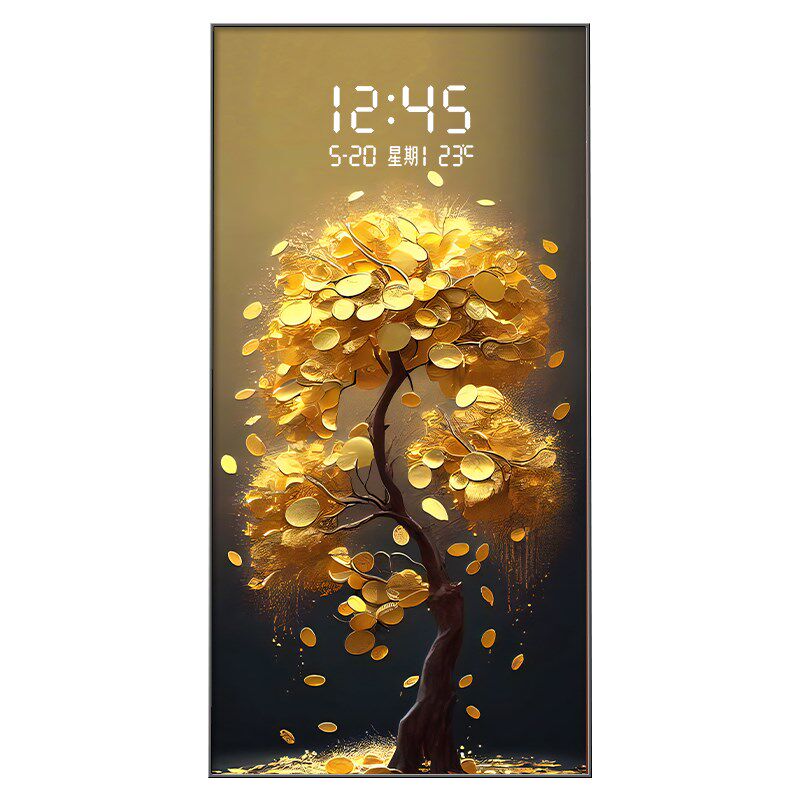 发财树入户进门玄关装饰画电子屏钟表走廊尽头挂画创意时钟壁灯画