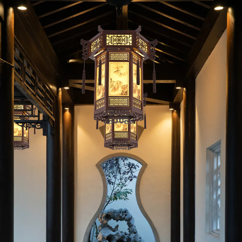 中式仿古宫灯古典实吊灯宫廷寺庙茶楼客栈过道门楼影视六角木灯笼