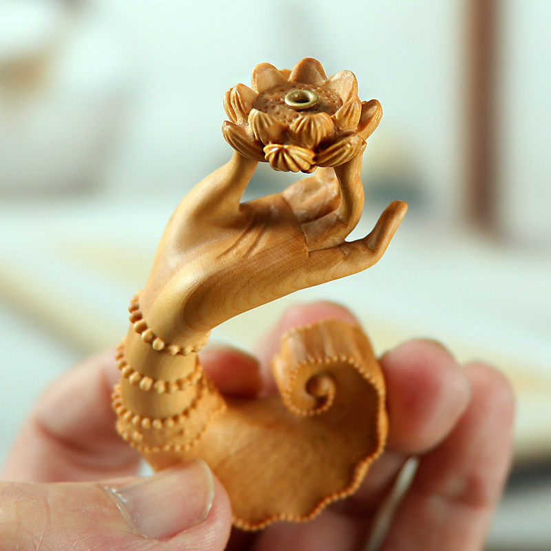 黄杨木雕手把件实木佛手莲花香插摆件茶道香道禅艺家居饰品工艺品