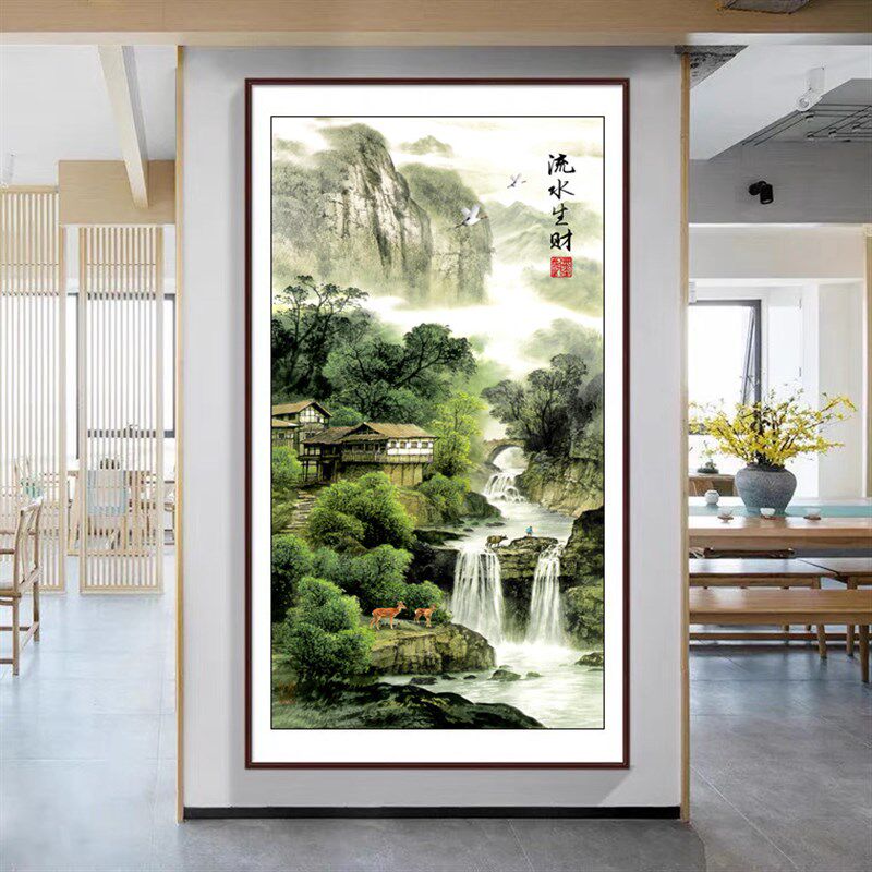 十字绣2024新款线绣竖版玄关大幅风景满绣客厅流水生财中式山水画