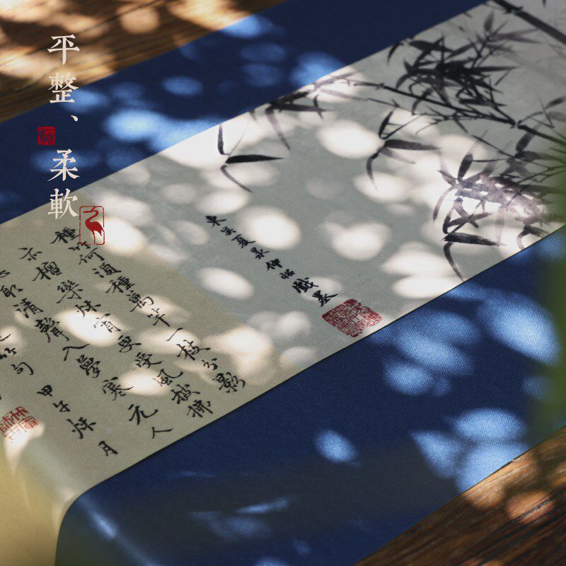 吉佰家卷板布艺防水茶席新中式禅意瑞鹤图墨竹彩绘茶桌布户外桌旗