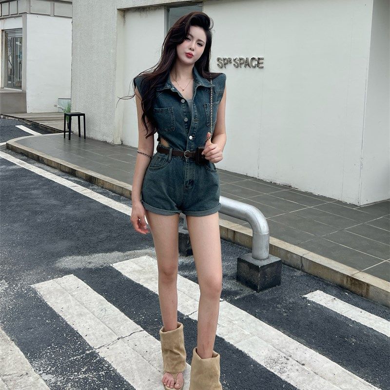 复古翻领蓝色收腰连体裤女2024新款夏装宽松垫肩阔腿牛仔短裤套装