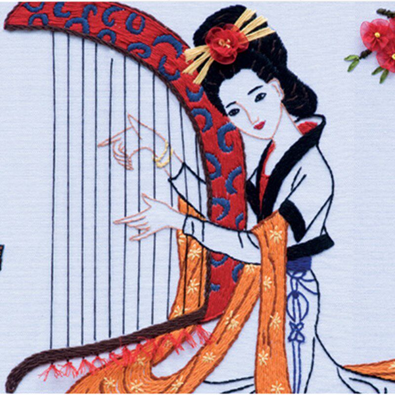 包邮新款立体丝带绣客厅书房酒店大挂画群英合乐图四大美人十字绣