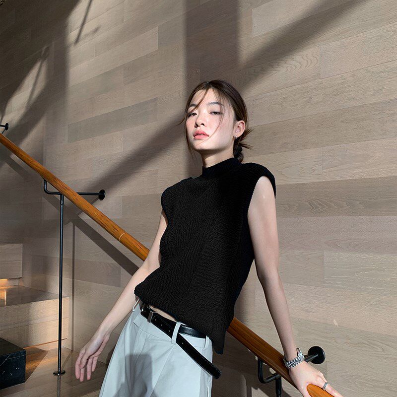 洛边 生人勿近!针织上衣夏季新款背心无袖半高领氛围感T恤百搭女