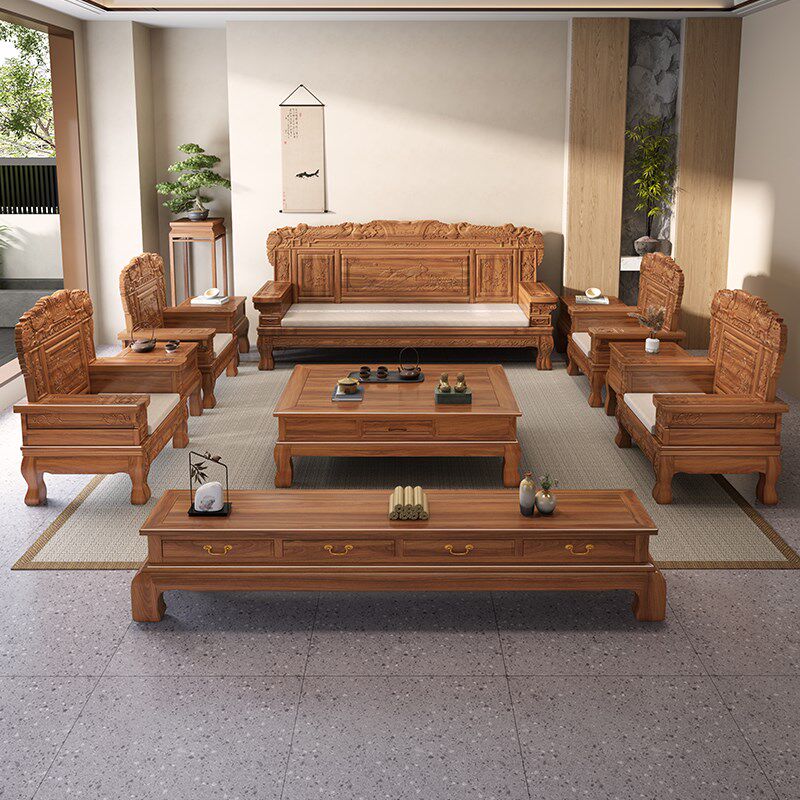 花梨木实木沙发组合大户型家用简约客厅家具中式仿古雕花冬夏两用