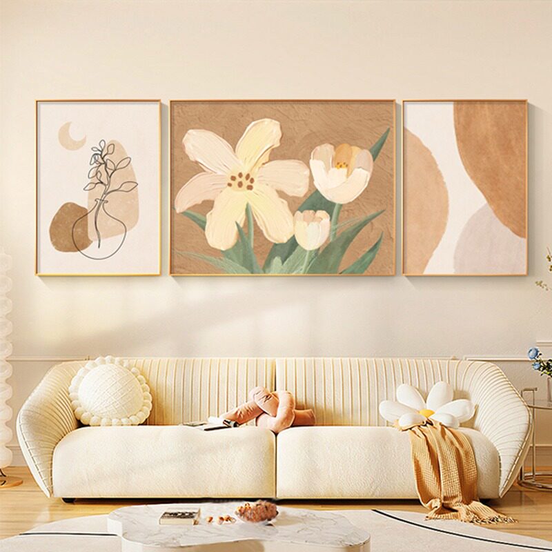 奶油原木风客厅三联装饰画郁金香花肌理艺术画沙发后背景墙壁挂画