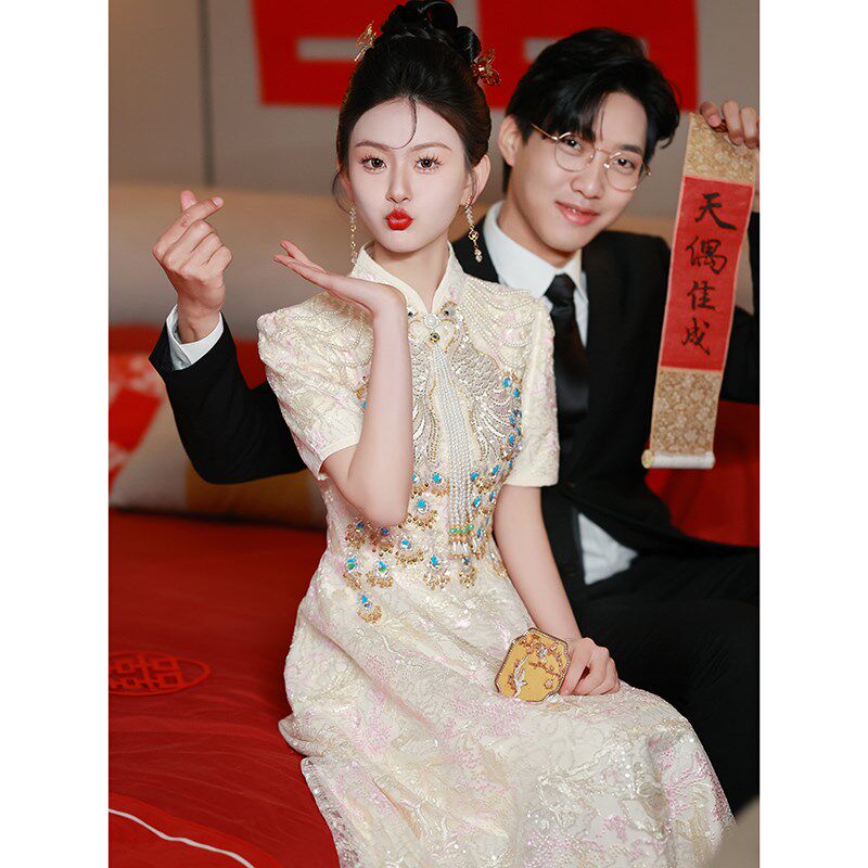 新中式旗袍敬酒服新娘小个子订婚礼裙女高级感平时可穿2024新款夏