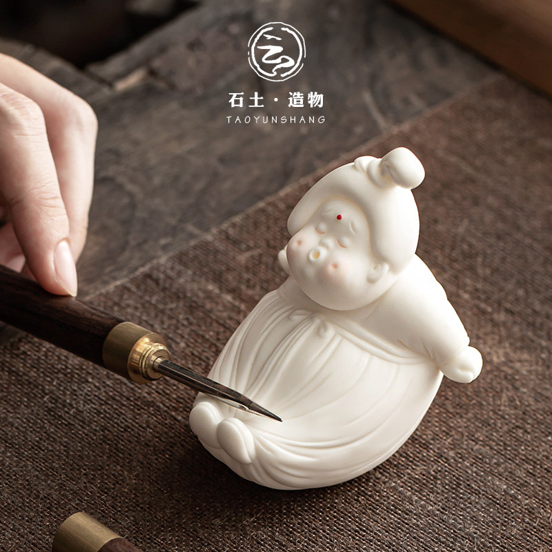 创意可爱手工陶瓷唐女笔托茶宠摆件文房用品茶搁搁笔架家居小摆件