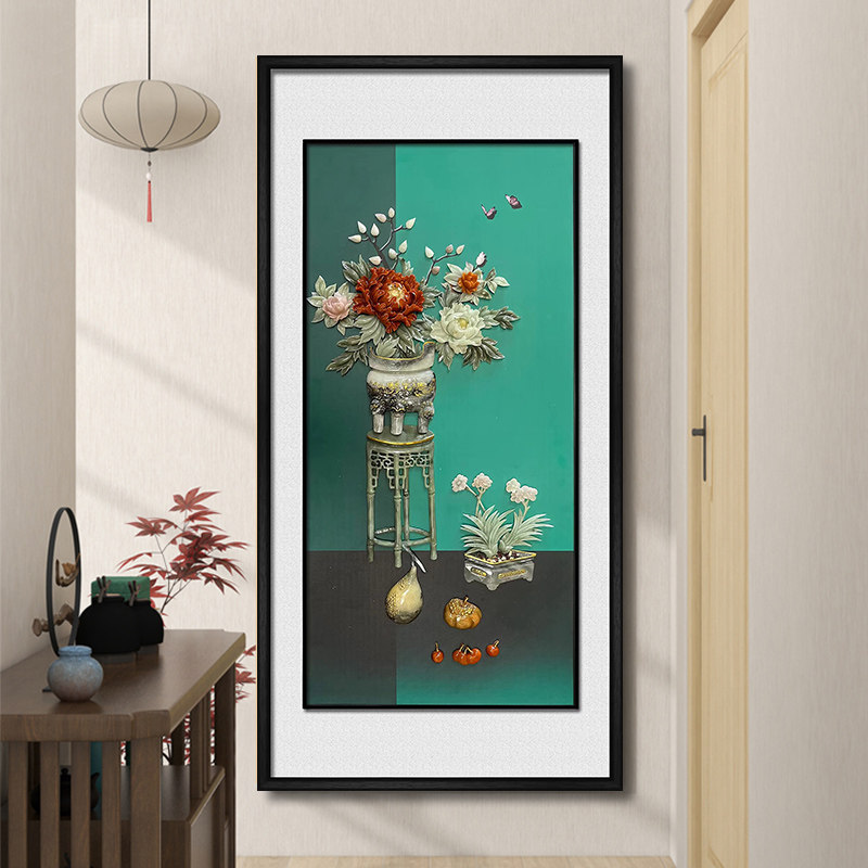 新中式入户玄关装饰画客厅走廊过道挂画高档大气立体玉雕壁画新款