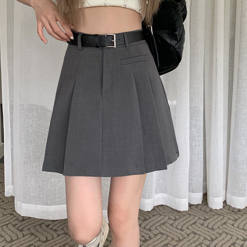 灰色西装百褶裙女夏季新款大码半身裙胖mm高腰显瘦学生a字短裙子