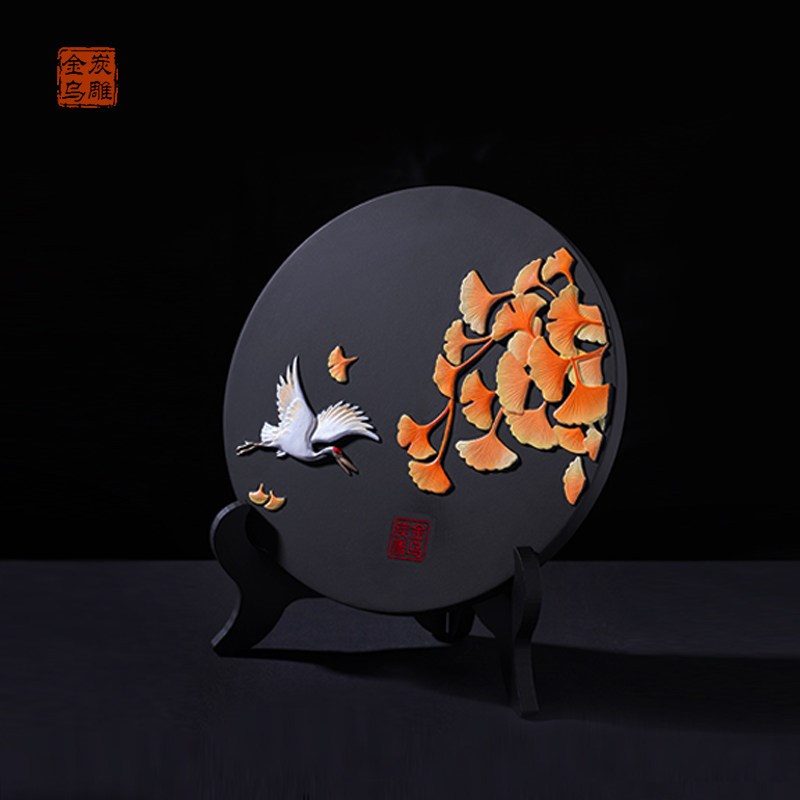 金乌炭雕鹤与银杏叶活性炭创意家居摆饰新房装饰品吸甲醛祛异味