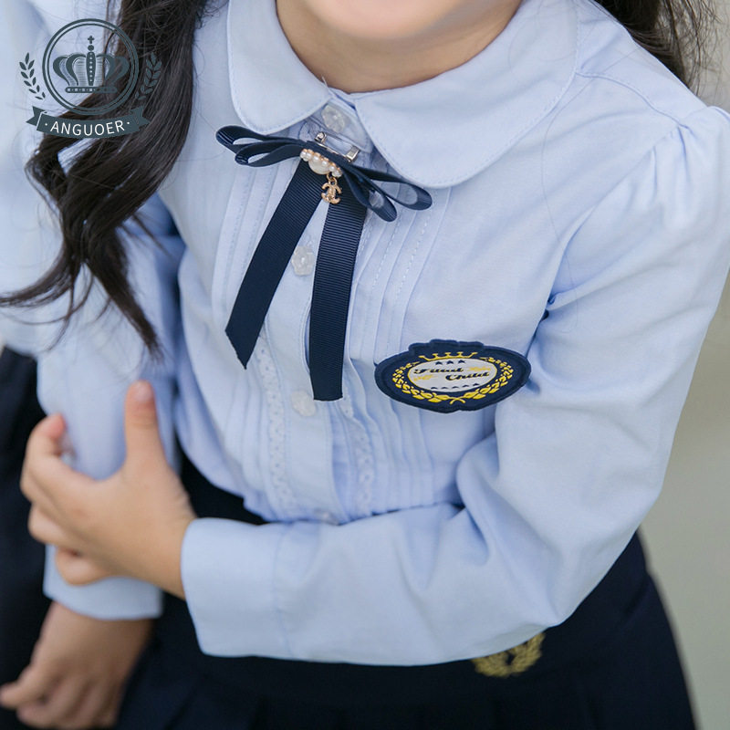 儿童浅蓝色衬衫套装男童女童长袖长裤裙小学生演出校服幼儿园园服