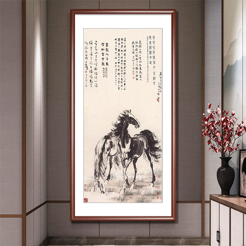 国画山水画玄关装饰画走廊尽头竖版徐悲鸿马到成功新中式客厅挂画