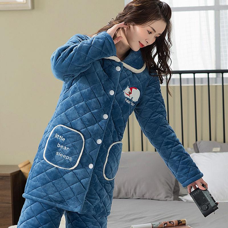 睡衣秋冬季女三层加厚加绒夹棉袄中长款大码保暖珊瑚绒家居服套装