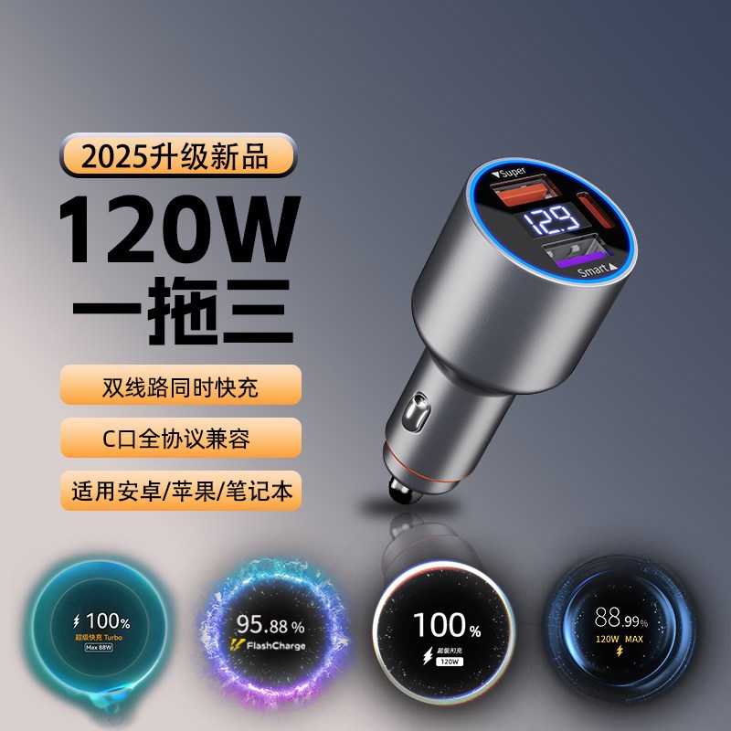 车载充电器三口新款120W超级闪充适用手机笔记本行车记录仪点烟器