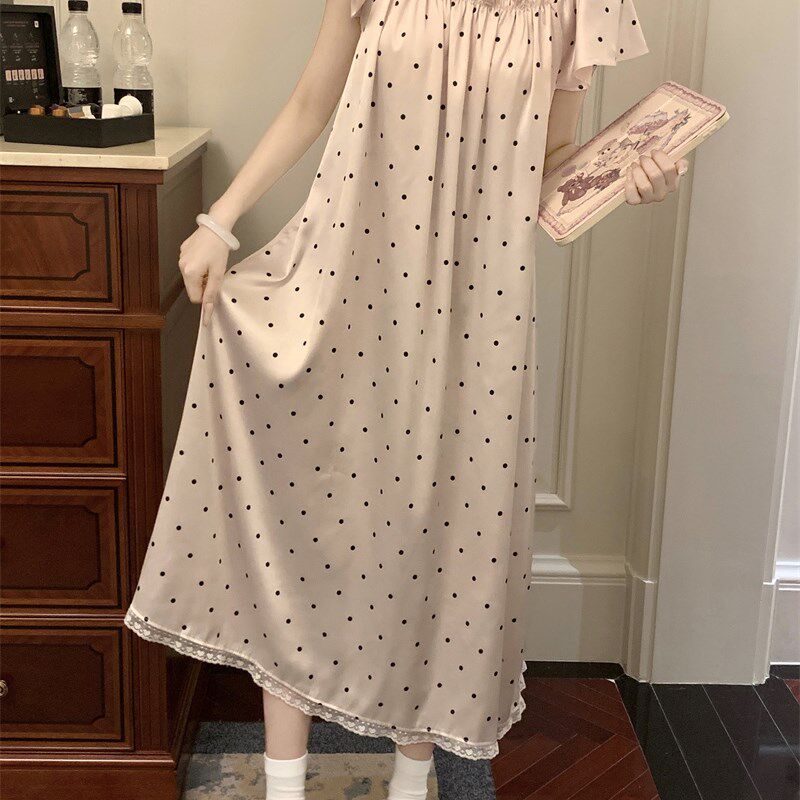 草莓啵啵~冰丝睡裙女夏季甜美波点蕾丝短袖连衣裙家居服睡衣裙子