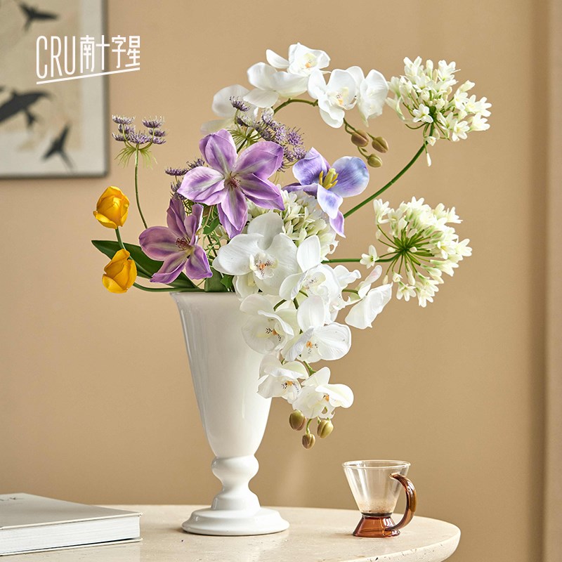 法式复古高脚陶瓷花瓶大口径水培鲜花客厅插花餐桌高级感摆件以茉图片