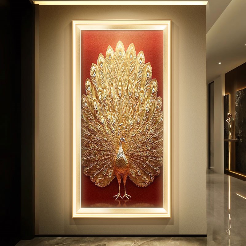 轻奢孔雀开屏玄关装饰画金箔色走廊过道挂画高级感入户门发光壁画