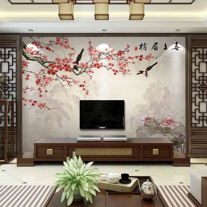 梅花鸟山水画壁纸客厅电视背景墙画壁布2023新中式影视墙布8D墙纸