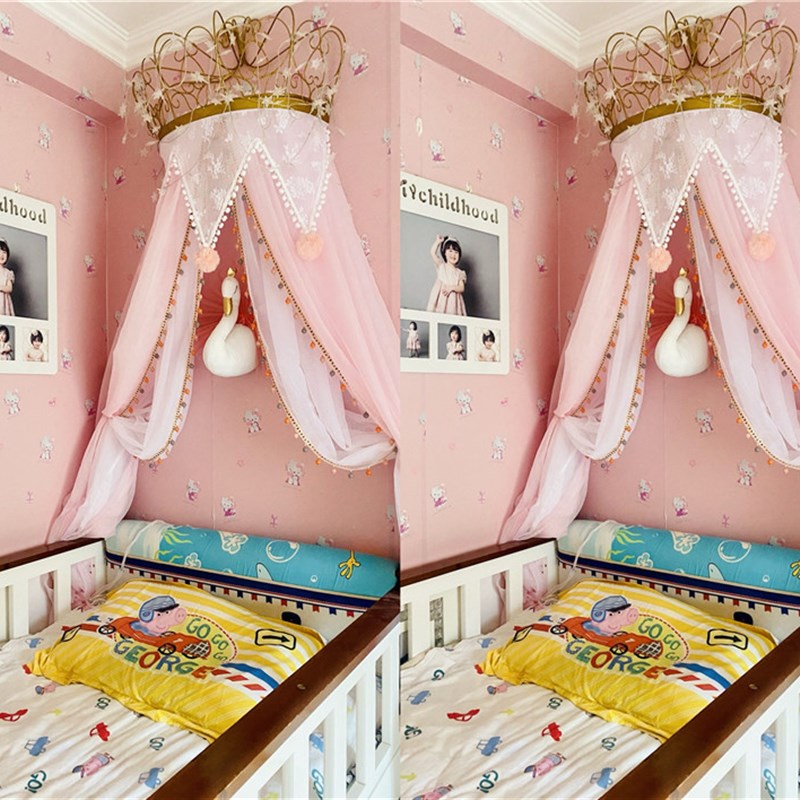 公主床幔北欧儿童房装饰可爱少女心粉马卡龙三角蕾丝纱帘双层通用