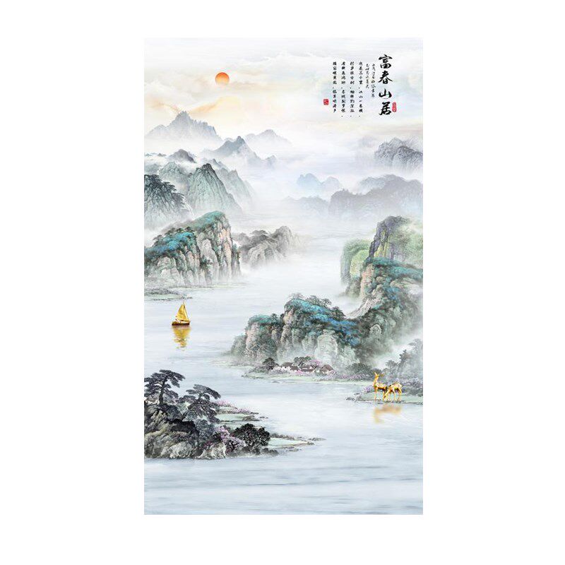 岩板背景墙入户玄关墙瓷砖微晶石大理石过道石材壁画新中式山水画