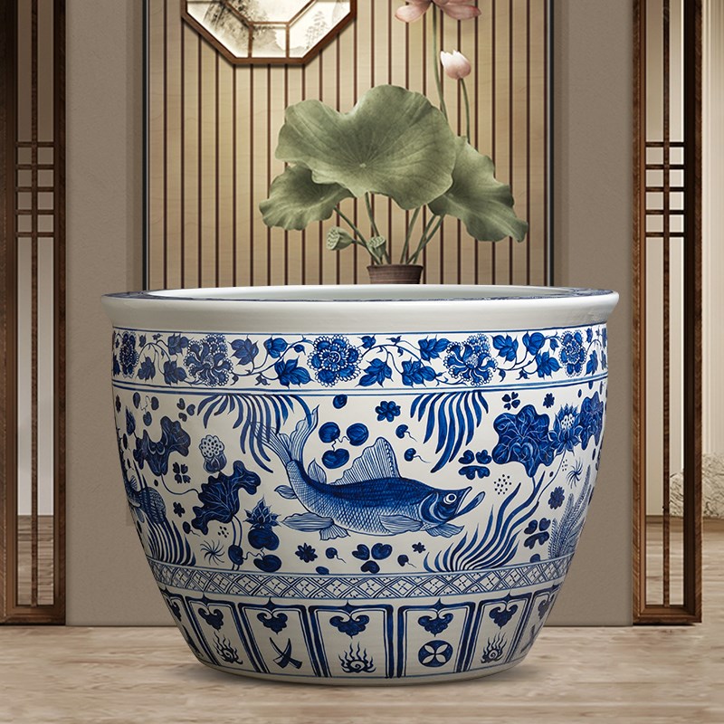 景德镇陶瓷鱼缸青花瓷缸庭院大缸荷花缸古法养鱼缸种树大缸手绘缸