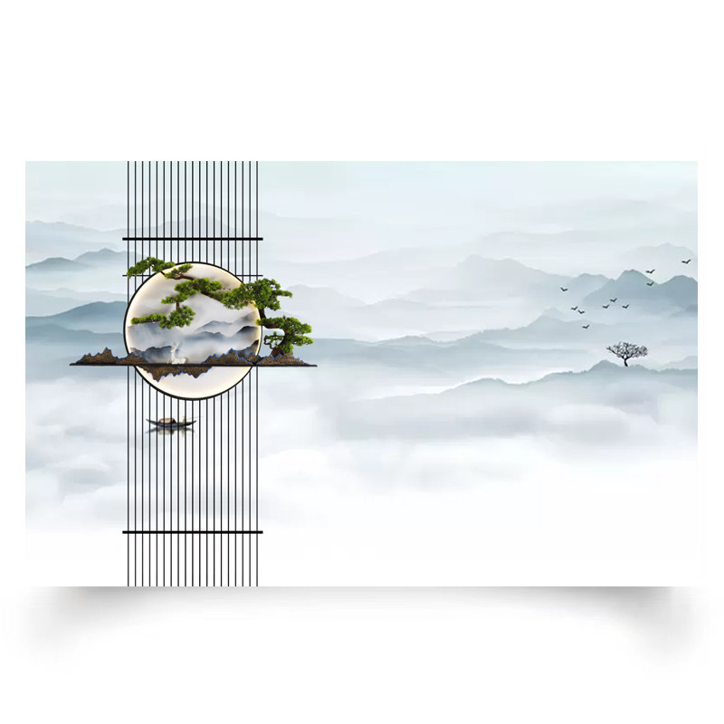 现代新中式壁画简约山水墙纸背景墙布客厅卧室书房松树水墨画壁纸