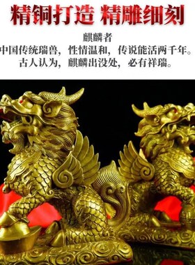 纯黄铜麒麟摆件一对铜麒麟公母一对八卦麒麟家用客厅店铺办公室