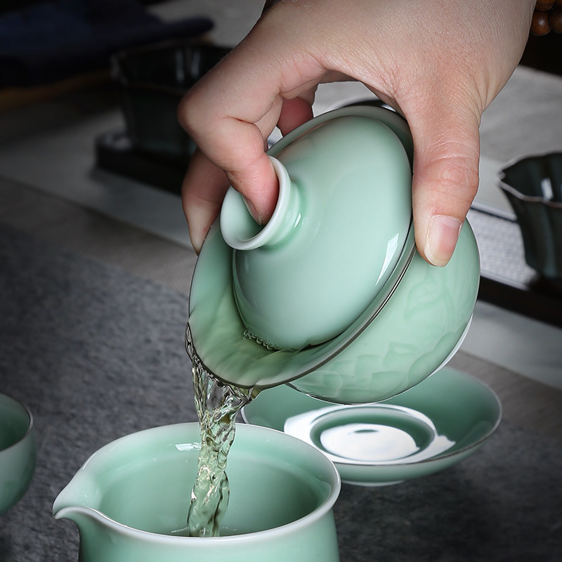 青瓷龙泉手工三才盖碗刻花陶瓷功夫茶具茶碗茶杯泡茶器敬茶大盖碗