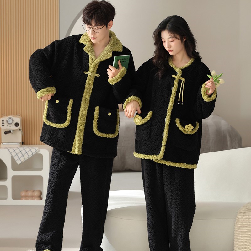 新中式睡衣情侣装一男一女款秋冬季天加绒加厚珊瑚绒家居服可外穿