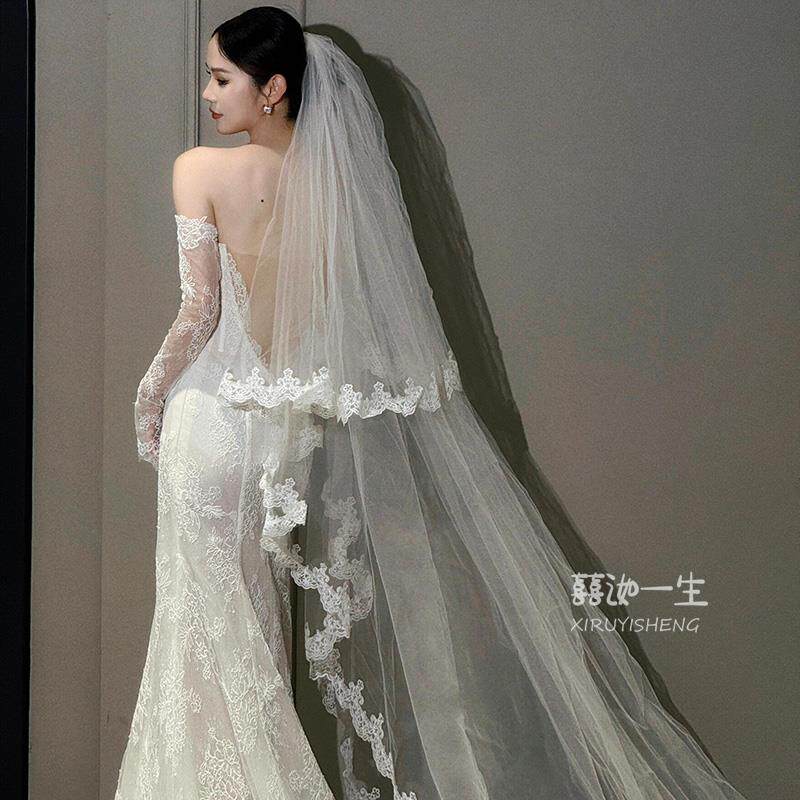 新娘头纱主婚纱造型头部双层可遮面超仙森系韩式简约高级感大拖尾