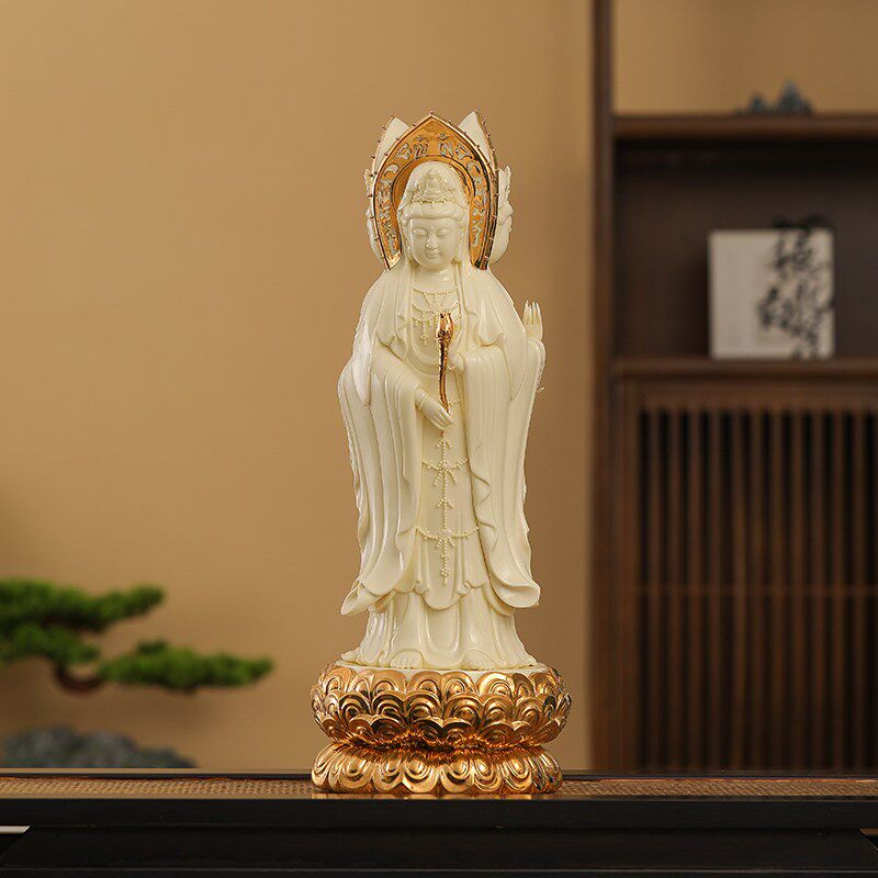 陶瓷南海三面观音佛像摆件白瓷观世音菩萨站像家居客厅供奉工艺品