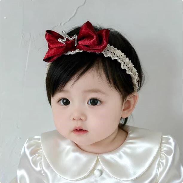 婴儿发带红色公主风皇冠立体蝴蝶结婴幼儿宝宝发饰小月龄头饰女